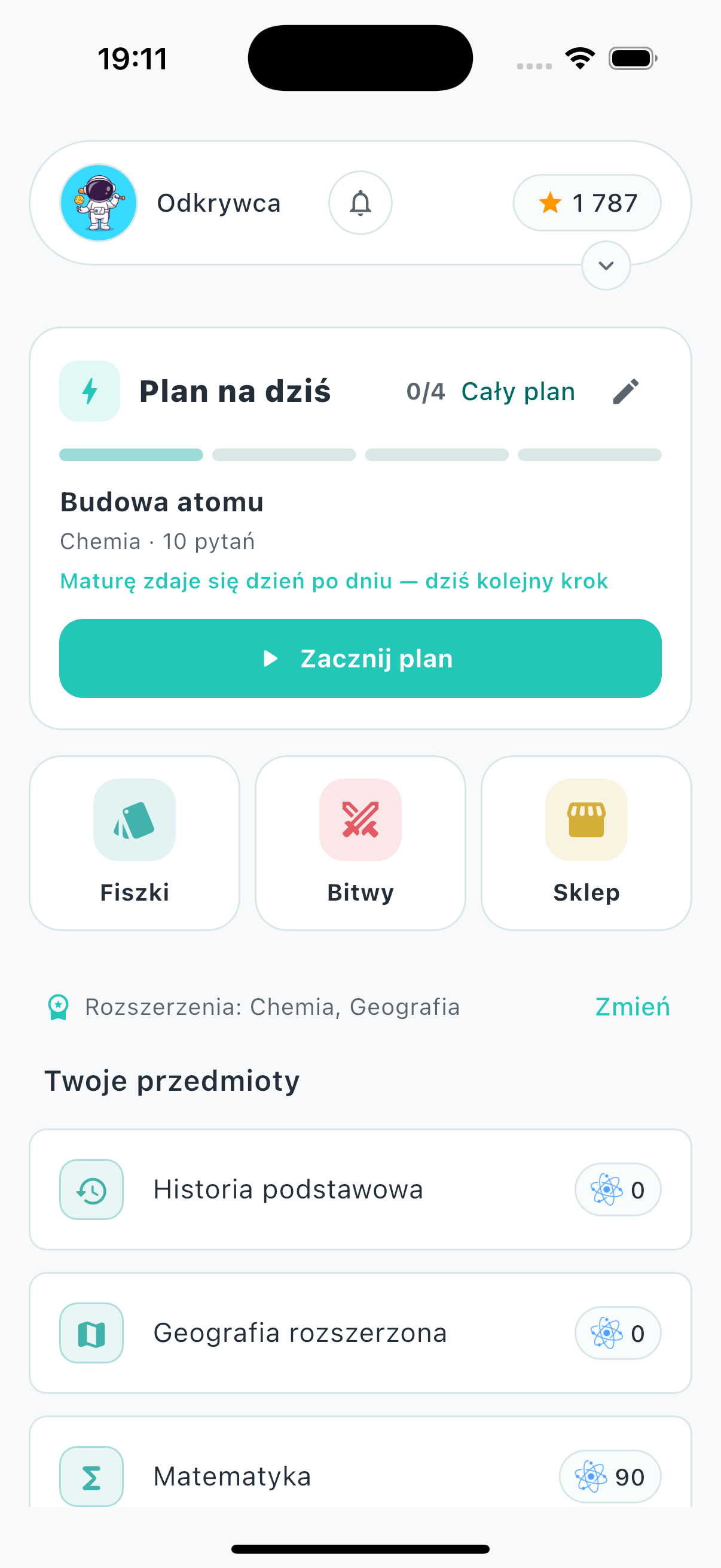 Ekran planu nauki w aplikacji Baza